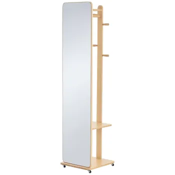 HOMCOM Oglinda de podea cu roti - Suport, 4 carlige, raft MDF aspect lemn deschis | Aosom Romania imagine