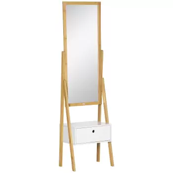 HOMCOM Oglinda de podea multifunctionala cu sertar pentru dormitor si coridor, din MDF si bambus, 45x30x160cm, culoare alb si lemn imagine