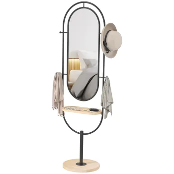 HOMCOM Oglinda de tip stand ovala cu suport de lemn, 4 carlige si cadru metalic, 50 x 40 x 175,5 cm, negru | Aosom Romania imagine