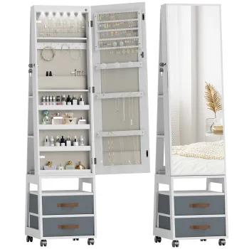 HOMCOM Oglinda Dulap pentru Bijuterii cu LED Interior Roti Pivotant 360? Rafturi Deschise Sertare din Material Textil Alb | Aosom Romania imagine