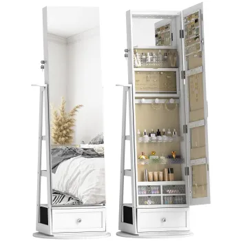 HOMCOM Oglinda-dulap pentru bijuterii cu LED-uri Dulap pentru bijuterii cu oglinda integrala Rotativ 360? Sertar Incuietoare Alb | Aosom Romania imagine