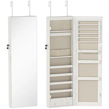 HOMCOM Oglinda-dulap pentru bijuterii cu lumina LED dulap bijuterii montat pe perete sau pe usa cu incuietoare oglinda intreaga alb | Aosom Romania imagine