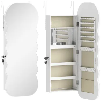 HOMCOM Oglinda-dulap pentru bijuterii cu lumina LED montabila pe perete sau pe usa cu incuietoare Oglinda intreaga Alb | Aosom Romania imagine