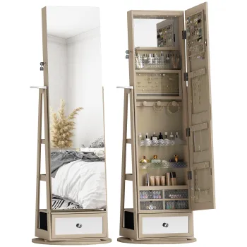 HOMCOM Oglinda-dulap pentru bijuterii cu lumini LED Dulap pentru bijuterii cu oglinda pentru intregul corp Rotativ 360? Sertar Incuietoare Natural | Aosom Romania imagine