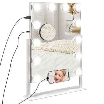 HOMCOM Oglinda Hollywood cu 12 becuri LED, luminos reglabil, rotatie la 360?, magnificare 10X, atingere tactila, alb | Aosom Romania imagine