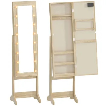 HOMCOM Oglinda Joyero cu Lumini LED Dulap pentru Bijuterii Dulap Joyero de Podea cu Oglinda Integrala Unghi Reglabil Lemn Natural | Aosom Romania imagine