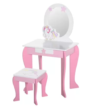 HOMCOM Oglinda Jucarie cu Sertar si Taburet Joc pentru Copii 3-8 Ani | AOSOM RO imagine