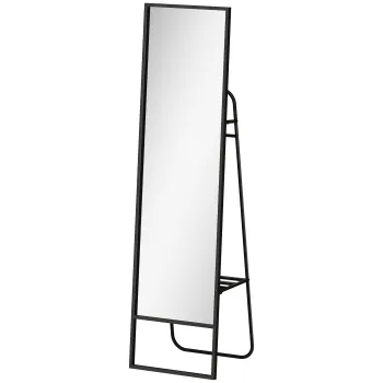 HOMCOM Oglinda pe Picior 148,5 x 40 cm dreptunghiulara cu raft din spate, 2 carlige si cadru metalic, neagra | Aosom Romania imagine