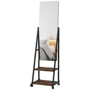 HOMCOM Oglinda pe picior rectangulara oglinda de sol cu unghi reglabil 2 rafturi 4 roti negru si maro rustic | Aosom Romania imagine