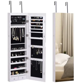 HOMCOM Oglinda pentru Bijuterii cu 6 Lumini LED si Spatii de Depozitare, 37x10x120 cm, Alb | Aosom Romania imagine