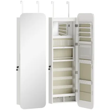 HOMCOM Oglinda pentru bijuterii cu lumina LED montata pe perete sau usa cu incuietoare oglinda integrala 2 sertare Alb | Aosom Romania imagine