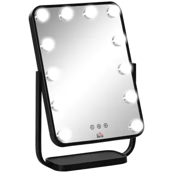 HOMCOM Oglinda pentru fardat, cu iluminare, stil Hollywood, oglinda de masa cu 12 lumini LED luminozitate reglabila, negru imagine