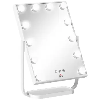 HOMCOM Oglinda pentru make-up, cu iluminare, stil Hollywood, oglinda de masa cu 12 lumini LED luminozitate reglabila, alb imagine