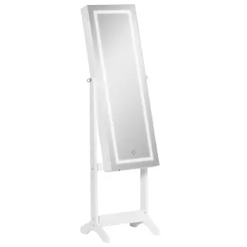 HOMCOM Oglinda suport bijuterii intreaga cu lumina LED, dulap suport bijuterii autoportant cu inclinare si blocare reglabile, alba imagine