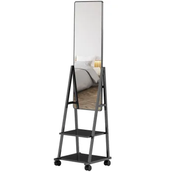 HOMCOM Oglinda Verticala cu 2 Rafturi si 4 Rotile, Oglinda de Podea din Otel si PAL, 42x37x155 cm, Negru | Aosom Romania imagine