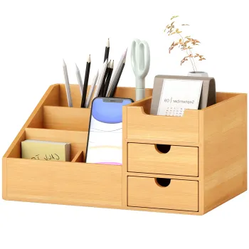 HOMCOM Organizator Birou cu 2 Sertare si 7 Compartimente din Bambus 33x20.5x15.5 cm | Aosom Romania imagine