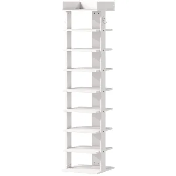 HOMCOM Pantofar 9 niveluri organizator din lemn pentru pantofi cu raft superior si 2 carlige, pentru hol, Alb | Aosom Romania imagine