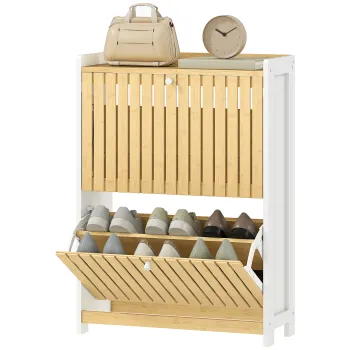 HOMCOM Pantofar Cu 2 Usi din Bambus Cu Lamele Rafturi Ajustabile pentru 12 Perechi de Pantofi Alb si Natural | Aosom Romania imagine