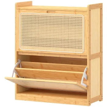 HOMCOM Pantofar ingust din bambus cu 2 sertare rabatabile din ratan pentru 12-14 perechi 69x29x83 cm Natural | Aosom Romania imagine