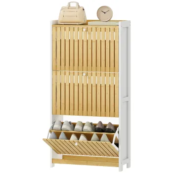 HOMCOM Pantofar Subtire cu 3 Usi din Bambus cu Lamele Rafturi Ajustabile pentru 18 Perechi de Pantofi Alb si Natural | Aosom Romania imagine