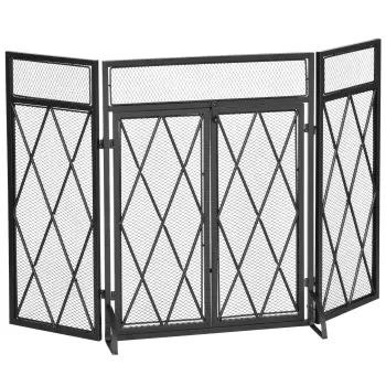 HOMCOM Parascantei Semineu din Metal 3 Panouri Pliabile si 2 Usi, 120x11,5x79cm, Negru imagine