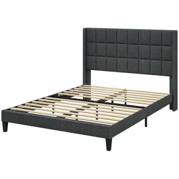 HOMCOM Pat 135x190 cm tapitat cu depozitare inferioara si tablie capitonata cu urechi, gri | Aosom Romania imagine