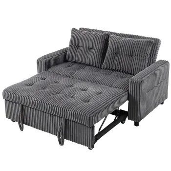 HOMCOM Pat-canapea 2 locuri, husa din cord, transformabil in canapea de dormit, 2 perne, buzunare laterale, 157 x 190 cm, gri inchis | Aosom Romania imagine