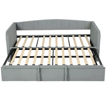 HOMCOM Pat Canapea 90/180x190 cm, Pat Extensibil Convertibil in Pat Dublu, Tapiterie, Cotiere, 2 Buzunare, Lamele din Plop, pentru Living sau Oaspeti, Gri Deschis | Aosom Romania imagine