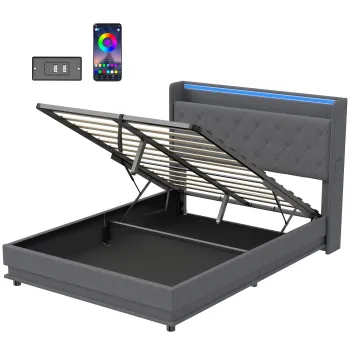 HOMCOM Pat cu depozitare 140x190cm iluminare LED si statie de incarcare cadru pat dublu tapitat in depozitare hidraulica gri | Aosom Romania imagine