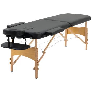 HOMCOM Pat de Masaj Pliabil si Portabil cu Inaltime Ajustabila si Husa de Transport, Structura din Lemn, 185x60x61-88 cm, Negru imagine