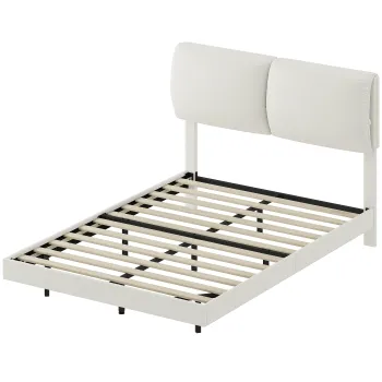 HOMCOM Pat dublu 135x190 cm Somier cu tablie captusita Efect plutitor Structura metalica Bej | Aosom Romania imagine