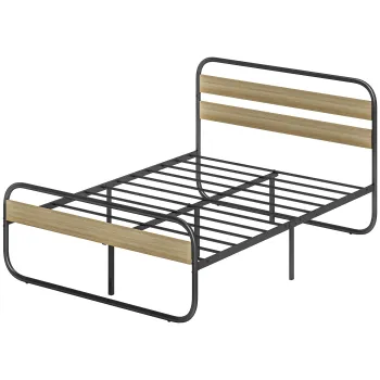 HOMCOM Pat dublu 140 x 190 cm, cadru de pat din otel stil industrial, tablie si somier incluse, aspect lemn | Aosom Romania imagine