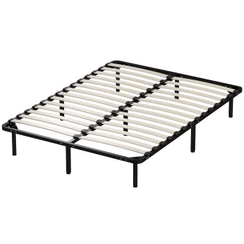 HOMCOM Pat Dublu Industrial cu 28 de Lamele si Spatiu de Depozitare, din Lemn si Otel, 190x140x31 cm, Negru si Lemn Natur | Aosom Romania imagine