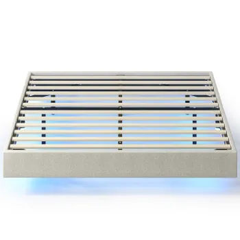 HOMCOM Pat Flotant 160 x 200 cm cu Iluminare LED Inteligenta, Cadru de Pat Dublu Tapitat in Tesatura cu Aspect de In, Montaj Usor, Bej | Aosom Romania imagine