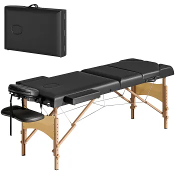 HOMCOM Pat Masaj Pliabil din Lemn cu Inaltime Reglabila Suport pentru Cap Brate Acolchiate 215x60x64-89 cm Negru | Aosom Romania imagine