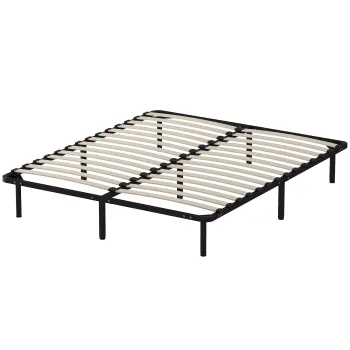 HOMCOM Pat Matrimonial Industrial cu 28 de Doghe si Spatiu de Depozitare, din Lemn si Otel, 190x160x31 cm, Negru si Lemn | Aosom Romania imagine