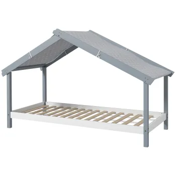 HOMCOM Pat Montessori pentru Copii in Forma de Casuta cu Acoperis Instelat, Pat cu 15 Sipci, 213x100x140 cm, Gri | Aosom Romania imagine