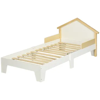 HOMCOM Pat pentru copii - structura pat cu tablie in forma de casa si somiera cu lamele incluse - 90 x 190 cm- pin masiv alb | Aosom Romania imagine