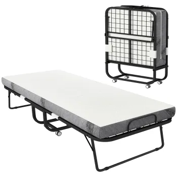 HOMCOM Pat Pliabil Single 90x200 cm cu Saltea de 10 cm Grosime, Cadru din Metal si Roti cu Frana, Negru | Aosom Romania imagine