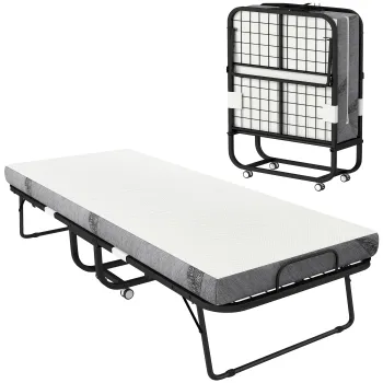 HOMCOM Pat pliant de oaspeti cu roti Otel+Spuma Alb+Negru 200 x 80 x 42,5 cm | Aosom Romania imagine