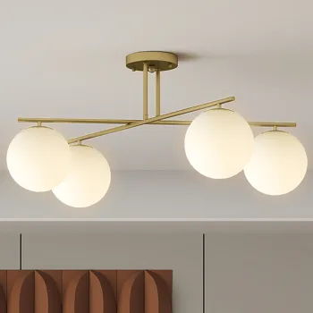 HOMCOM Plafonier candelabru modern cu 4 lumi cu soclu E14, montaj semi-aplatizat, aur si crem | Aosom Romania imagine