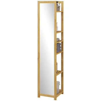 HOMCOM Polita Baie pe 6 Niveluri cu Oglinda, Suport de Depozitare Multifunctional, 35x35x168 cm, Lemn Natural | Aosom Romania imagine