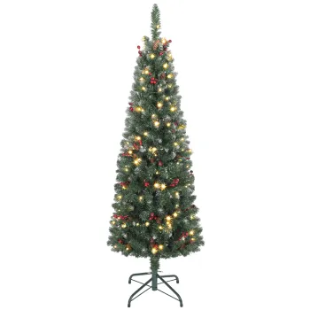 HOMCOM Pom de Craciun Subtire 150 cm Artificial, Lumini Incorporate in 8 Moduri, 311 Ramuri Dense Ignifuge Inzapezite, 30 Conuri de Pin si 30 Ciorchini de Boabe, Pom de Craciun Inalt si Stramt cu Baza din Metal | Aosom Romania imagine