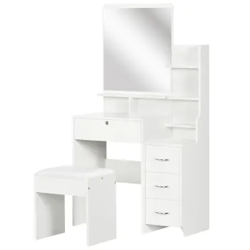 HOMCOM Post de machiaj cu oglinda mare din sticla temperata, tocator de machiaj cu scaun captusit, 4 sertare si 4 rafturi, post de machiaj pentru dormitor, alb | Aosom Romania imagine