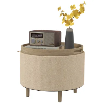 HOMCOM Pouf rotund taburet de odihna cu depozitare, capac reversibil, mobilier 3 in 1 picior din lemn bej | Aosom Romania imagine