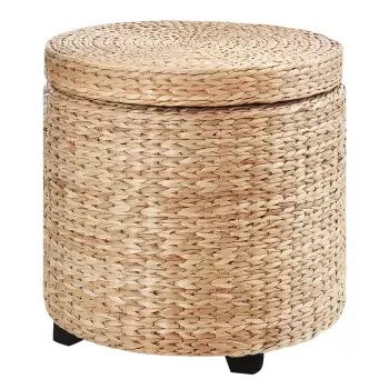 HOMCOM Puf Container Rotund cu Acoperit cu Ratan Lepironia Taburet Sprijin Picioare Masuta pentru Living cu Capac, ?43x43cm, Kaki imagine