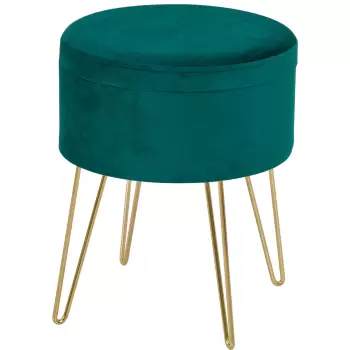 HOMCOM Puf Suport pentru Picioare Modern din In, cu Compartiment de Depozitare Rotund, Scaun cu Picioare din Metal Auriu, Tava, Masa din Lemn Verde imagine