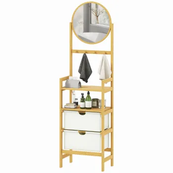 HOMCOM Raft de baie din bambus cu oglinda cu 4 carlige 2 rafturi deschise si 2 sertare din material textil 48,5x30x170 cm Natural | Aosom Romania imagine