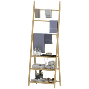 HOMCOM Raft de Baie Pliabil pentru Prosoape cu 3 Rafturi si 3 Bare, 53,5x30x153 cm, Lemn Natural | Aosom Romania imagine