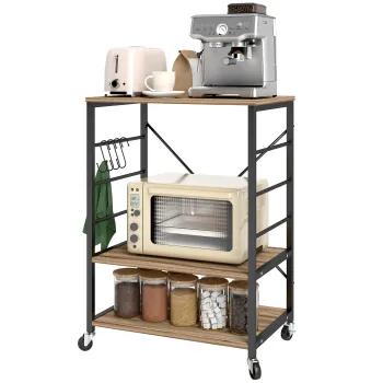 HOMCOM Raft de Bucatarie cu 3 Nivele, Roti si 4 Carlige, 60x40x84 cm, Lemn Natural | Aosom Romania imagine